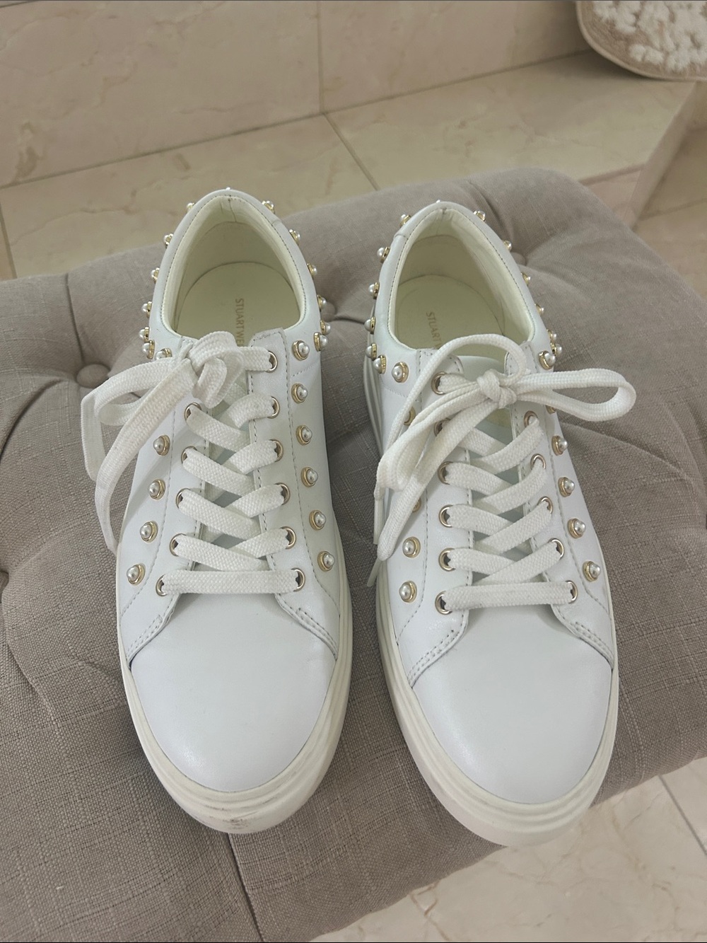 Stuart Weitzman White Lace-Up Sneakers with Pearl Studs
